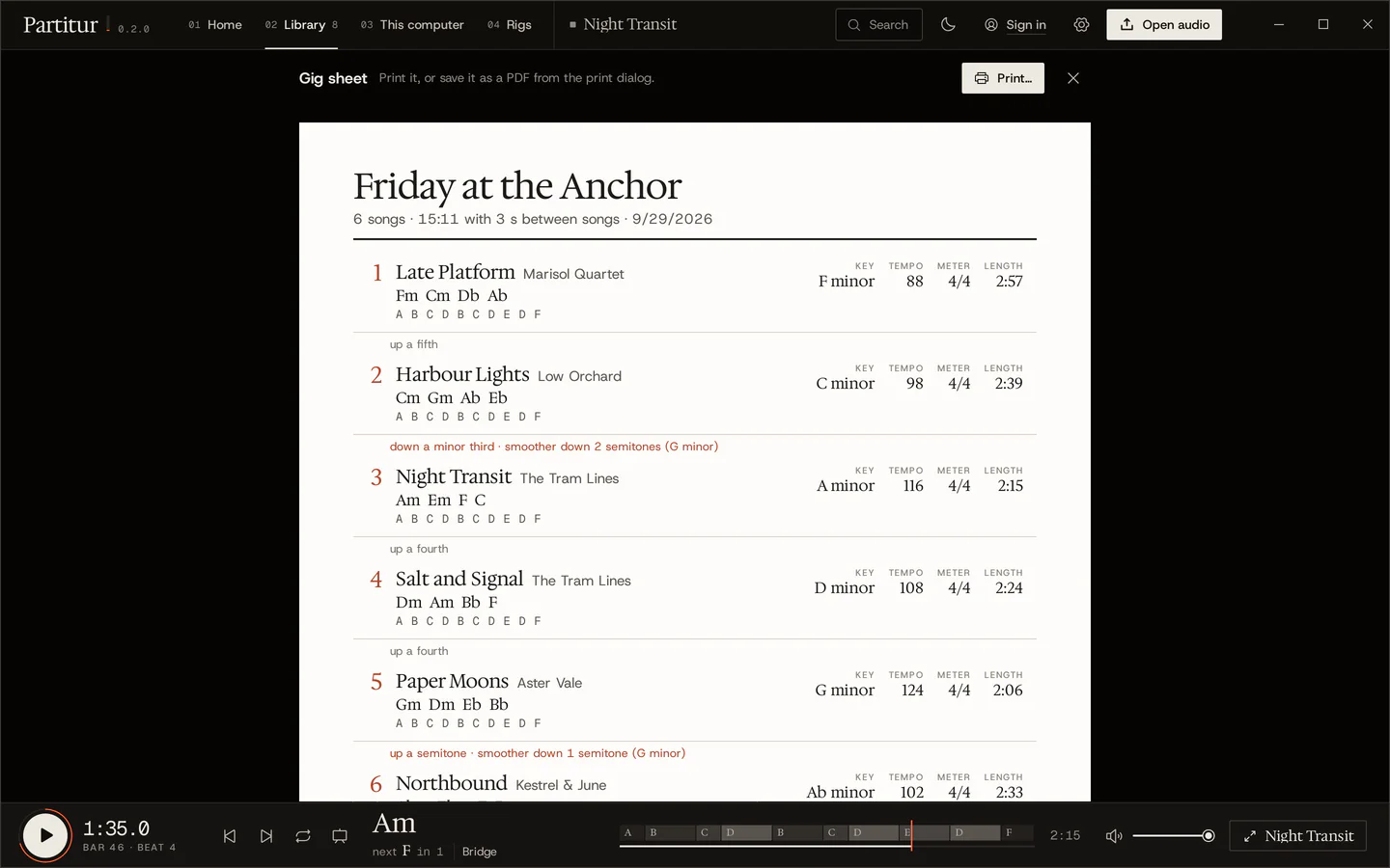 The printable gig sheet: each song with its chords, form letters, key, tempo, meter and length, and the key move into the next song marked, with a smoother suggestion.