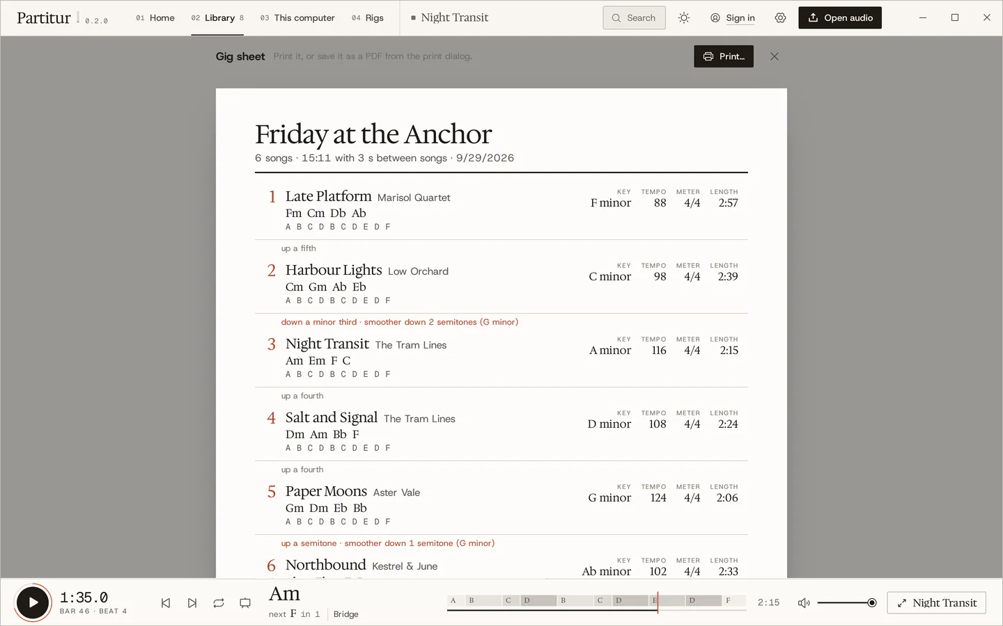 The printable gig sheet: each song with its chords, form letters, key, tempo, meter and length, and the key move into the next song marked, with a smoother suggestion.