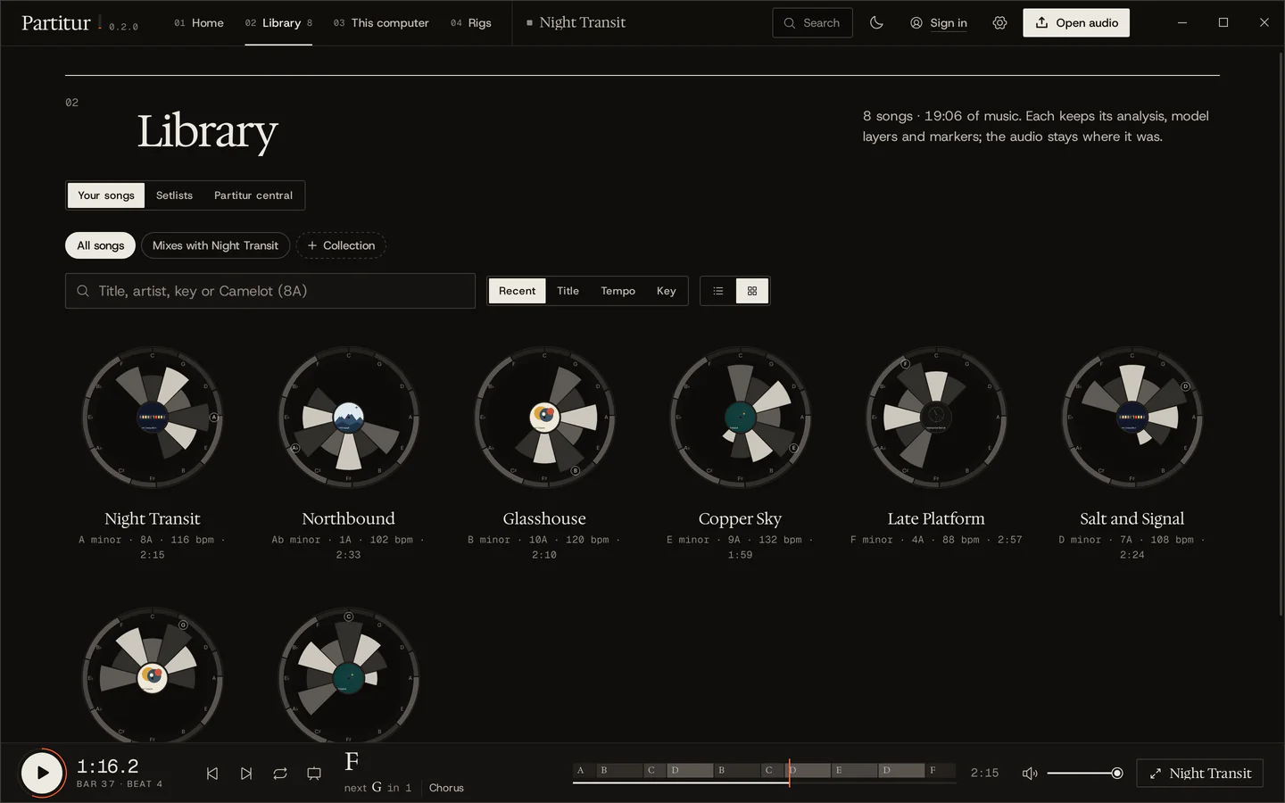 The library as a grid of song clocks, each with its album cover at the centre: Night Transit, Northbound, Glasshouse, Copper Sky, Late Platform and Salt and Signal, with key, Camelot number, tempo and length.