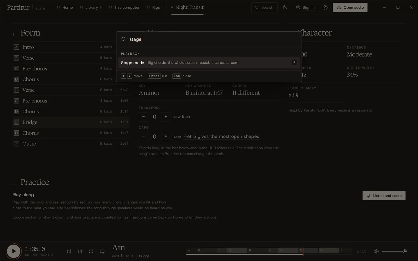 The command palette over the song overview, searching for stage: Stage mode, big chords, the whole screen, readable across a room, shortcut F.