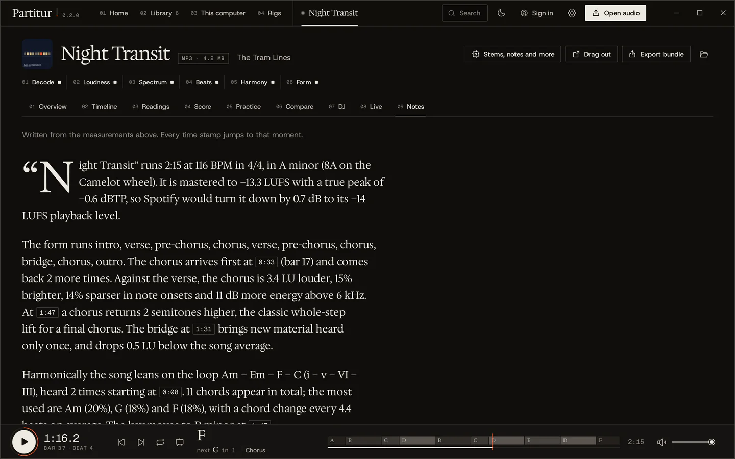 The Notes tab: liner notes in serif type describing Night Transit's form, harmony, key change, tempo and loudness, with time stamps you can click.