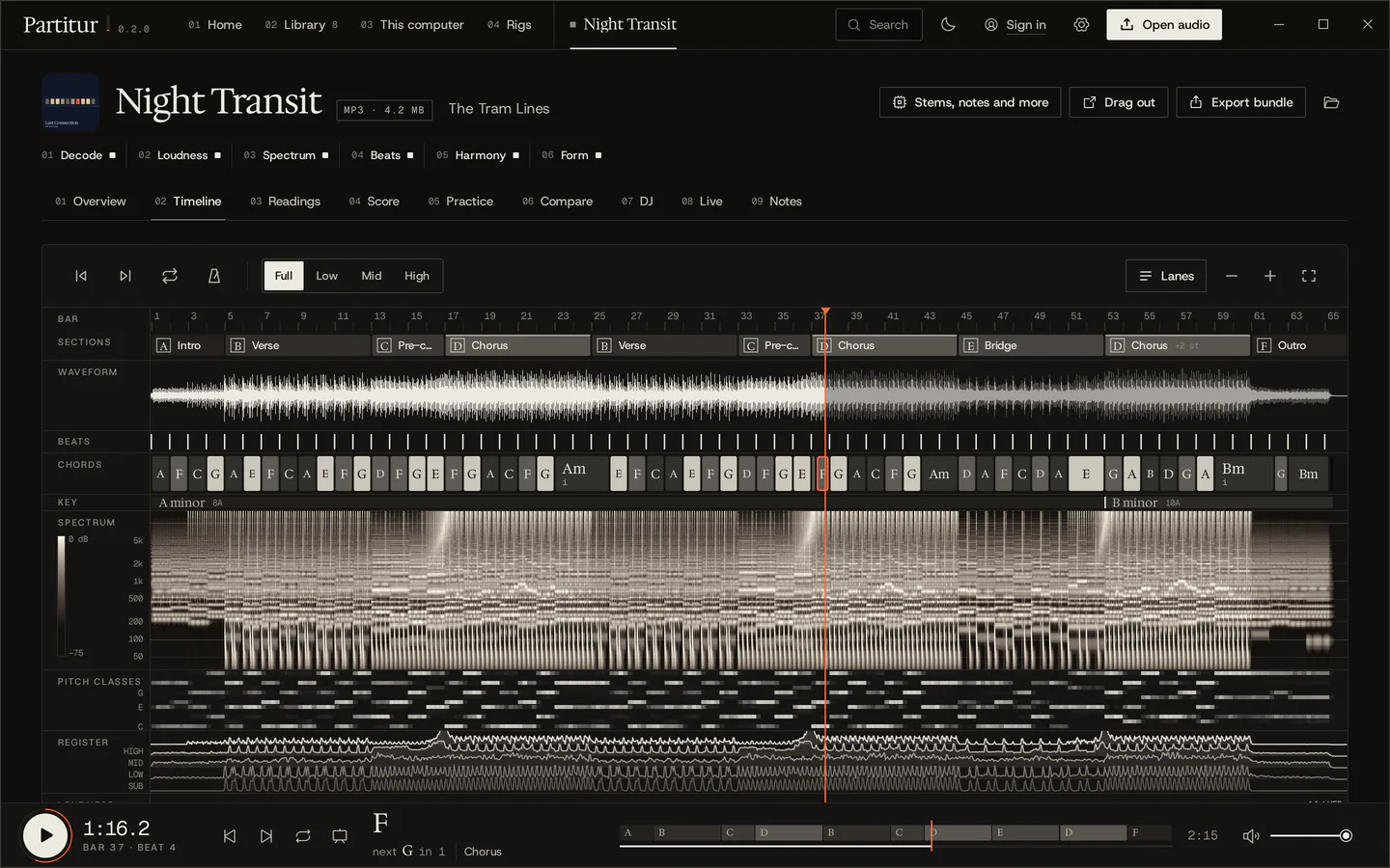 The Timeline tab: sections, waveform, beats, chords, key, spectrogram, pitch classes and loudness on one zoomable timeline.