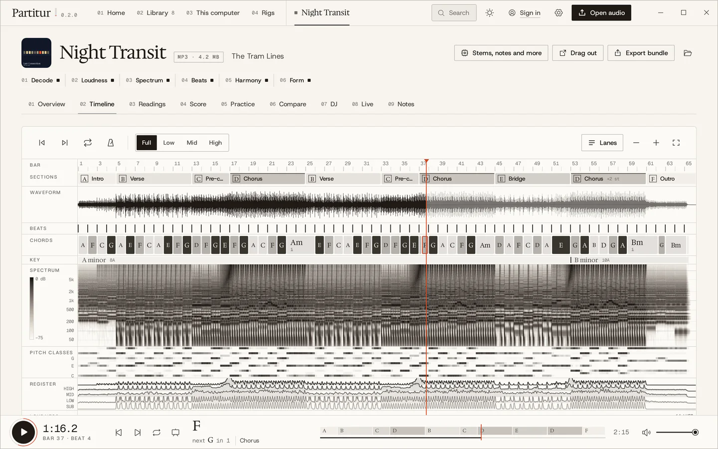 The Timeline tab: sections, waveform, beats, chords, key, spectrogram, pitch classes and loudness on one zoomable timeline.